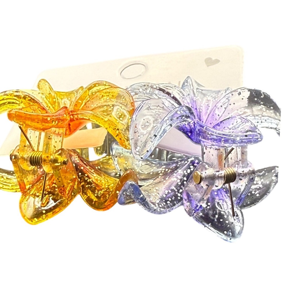 2pc‎ Flower Hair Claw Clips Glitter Yellow Purple Plumeria Tropical Accessories - Picture 4 of 4